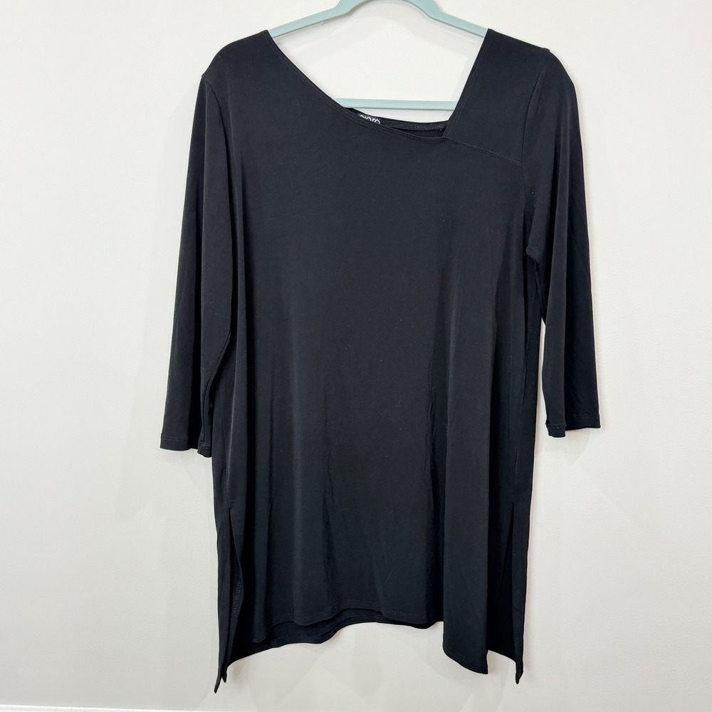 Clara Sunwoo Women Medium Tunic Top Asymmetrical Neck 3/4 Sleeve Black Slit Hem